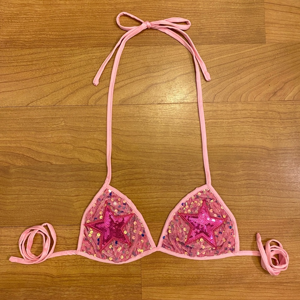 Pink Sequin Heart Patch Festival Bra Top